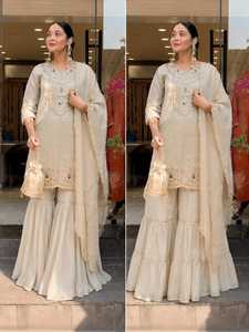 Conjunto de Salwar Kameez Beige Bordado, Ropa Tradicional Regional, Dupatta Pesada, Ropa Formal - Product Image 5