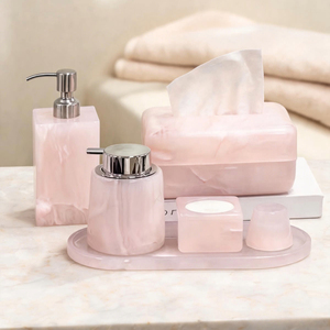 Luxury Pink Resin Bathroom Set <b>Refillable</b> Soap Dispenser <b>Bottle</b> Countertop Vanity Organizer for Home, Hotel and Modern Bathroom - Product Image 1