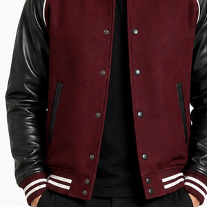 Veste universitaire pour homme de couleur marron avec manches en cuir PU noir, fermeture à boutons, vêtement décontracté, coupe classique, col rabattu, couleur unie - Product Image 3