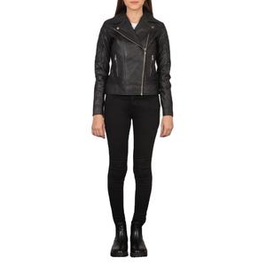 Veste d'hiver en cuir de vache pour femmes, style unique, fermeture éclair latérale, respirante, noir uni, manches longues, vente chaude - Product Image 1