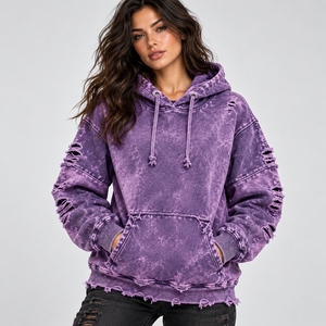 Trendy women’s distressed hoodie made with soft fabric, oversized fit, faded finish, and <b>rugged</b> details for streetwear fashion - Product Image 1