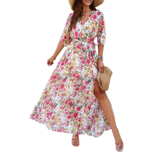 Robe longue en mousseline à imprimé floral, col en V, style cache-cœur, avec fente latérale, manches trois quarts, coupe ample, romantique, pour femme, idéale pour l'été - Product Image 2