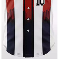 Jersey Baseball Sublimasi Custom Pria Merah Putih Biru Bergaris Lengan Pendek Kancing Depan Penyerap Keringat 100% Ukuran Besar
