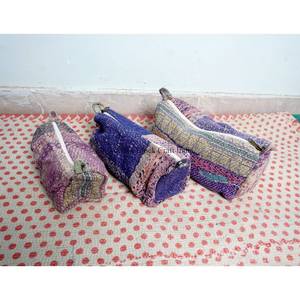 Bolsa de cosméticos de algodón con estampado a mano Kantha indio, juego de tres neceseres, estuche para accesorios, bolsa de viaje para mujer, Kantha hecho a mano - Product Image 3