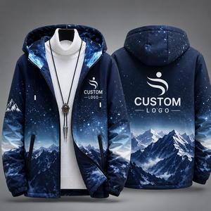 Veste à capuche pour homme, coupe-vent, motif montagne et ciel imprimé, décontractée, coupe régulière, en polyester tricoté, avec fermeture éclair - Product Image 2