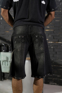 Shorts Bermuda déchirés noirs pour hommes, motif à carreaux, style punk, fermeture boutonnée, taille mi-haute, en coton tissé - Product Image 4