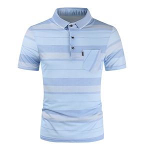 Polo à manches courtes en tricot rayé pour homme, décontracté, bleu clair, coupe classique - Product Image 1