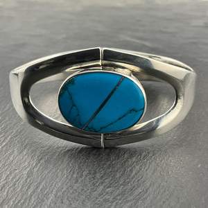 Bracelet jonc vintage en argent sterling massif avec turquoise du Mexique, fait main, pierre précieuse bleue, cadeau pour femme - Product Image 1