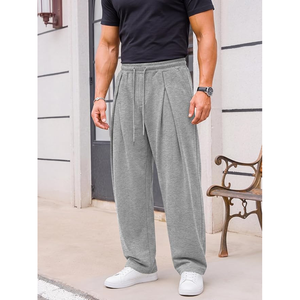 Pantalones Deportivos de Algodón Gris para Hombre, Cintura Elástica con Cordón, Pliegues, Corte Holgado Informal, para Otoño - Product Image 3