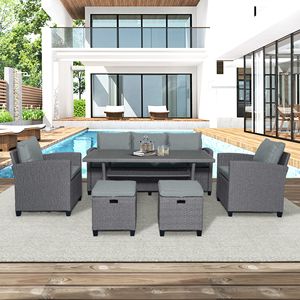 Set di Mobili da Giardino in Rattan Grigio a 6 Pezzi, Divano, Sedie, Sgabelli e Tavolo con Cuscini Grigi per Esterni - Product Image 1