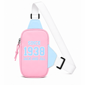 Sac banane personnalisé Jack and Jill of America avec logo brodé sur le devant, bleu ciel, fermeture éclair rose, usage quotidien décontracté pour femme - Product Image 3