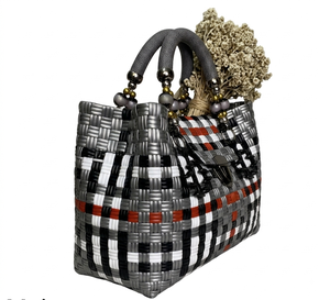 Handmade Woven Plastic Reusable Bag Eco Friendly Plaid Shopping Basket <b>Handbag</b> With Beaded Handle And Secure Metal Lock - Product Image 2