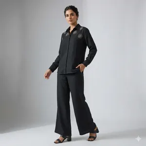 Conjunto de Camisa Negra Bordada y Pantalones Anchos para Mujer, Top de Manga Larga con Cuello y Diseño Floral, Elegante y Casual para Oficina - Product Image 4