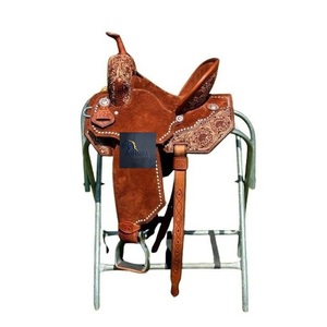 Brown Roughout <b>Leather</b> Western Barrel Horse Saddle Floral Hand <b>Tooled</b> Rawhide Braiding Hard Seat Tack Set 10"-18" Inch - Product Image 1