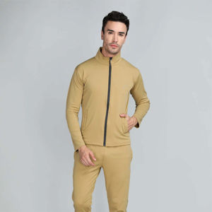 Survêtement Homme Personnalisé Moutarde Entièrement Zippé à Manches Longues Décontracté pour l'Automne avec Poches Latérales Coupe Droite Couleur Unie - Product Image 3