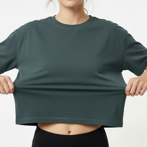 Women Fashion <b>Crop</b> T Shirt Short Sleeve Boxy Cotton Oversized Streetwear T Shirt Casual Summer Wholesale Custom Logo OEM Bulk - Product Image 3