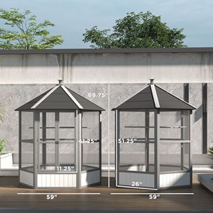 Voliera Esagonale in Legno Grigio Chiaro da Esterno da 69 Pollici, Resistente alle Intemperie, Gabbia per Uccelli di Taglia Grande per Allevamento con Tetto Coperto - Product Image 3