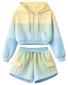 Ensemble décontracté deux pièces pour femme, comprenant un sweat à capuche court zippé et un short cargo, color block jaune, menthe et bleu, en polyester et coton, vente en gros - Product Image 1