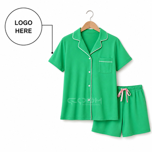 Cosh International Alpha Kapa Custom Logo <b>Green</b> Short Sleeve Pajama Set With White Trim Button Front Casual Sleepwear 2 Piece - Product Image 1