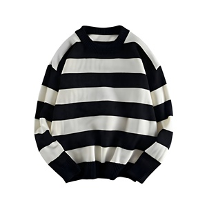 Pull décontracté à col rond rayé surdimensionné pour homme, tricoté, à manches régulières, motif noir et blanc, coupe ajustée, pour l'automne - Product Image 1