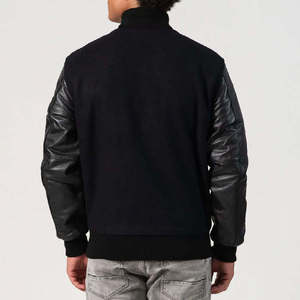 Chaqueta Bomber Negra para Hombre con Mangas de Cuero PU, Corte Regular, Cuello Camisero, Ropa Exterior Informal para Otoño - Product Image 2