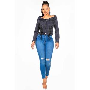 Chaqueta vaquera negra con hombros descubiertos y cordones para mujer, estilo americano Bazi, prenda exterior de moda - Product Image 2