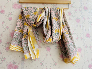 Bufanda de algodón con estampado de bloques para mujer, envoltura larga de Biikiini, bufanda de algodón con estampado de bloques florales bohemios, envoltura de gasa azul ligera - Product Image 3