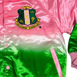 AKA Ombré Bomber <b>Jacket</b> <b>Pink</b> Green Satin Gradient Varsity Style Unisex Fashion Outerwear <b>Jacket</b> Apparel Collection - Product Image 4