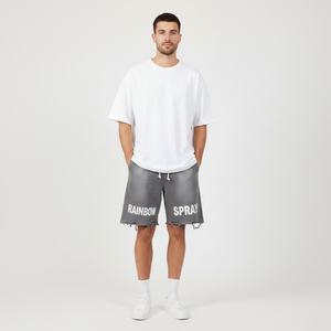 Wholesale Custom Men's Heavyweight Cotton Shorts Retro Washed Double Waist Rainbow <b>Spray</b> Casual Summer Shorts - Product Image 2