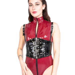 Vestido ajustado sin mangas de cuero sintético rojo con cuello alto y detalle de corsé negro, ropa de club para adultos - Product Image 2