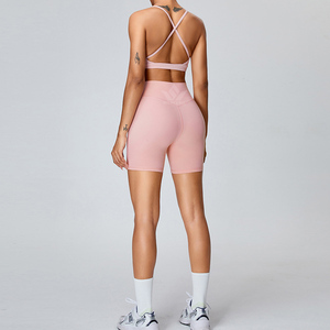 Women's 2 Piece Seamless Breathable Yoga Set Crisscross Back Sports Bra <b>Ruched</b> High Waist <b>Shorts</b> Stretch Activewear Blue - Product Image 2