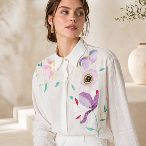 <b>Women</b> White Cotton Full Sleeve <b>Shirt</b> Colorful Floral Embroidery Button Down Casual <b>Dresses</b> Summer Blouse for B2B Wholesale - Product Image 1