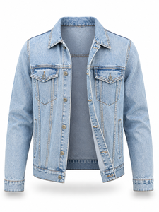 Veste en jean bleu clair pour homme 100% coton coupe classique fermeture boutonnée délavée style streetwear décontracté coupe-vent écologique automne - Product Image 4