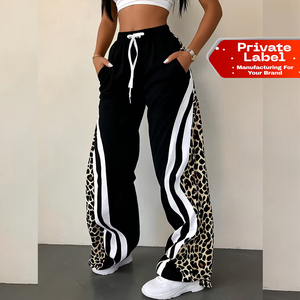 Women's Striped Leopard Print <b>Summer</b> Casual <b>Pants</b> with Mid Waist Drawstring Pockets 100% Cotton Loose Fit - Product Image 1