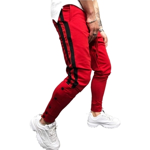 <b>Men</b> Red Sweatpants Elastic Waist Side Stripe <b>Cuffed</b> Ankle Casual <b>Joggers</b> Breathable Knitted Pants Spring Wear - Product Image 1