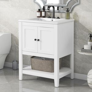 Mobile Bagno Moderno Bianco da 24 Pollici con Elegante Lavabo in Ceramica, Struttura in Legno Massello e Ripiano Aperto - Video Prodotto - Product Image 2