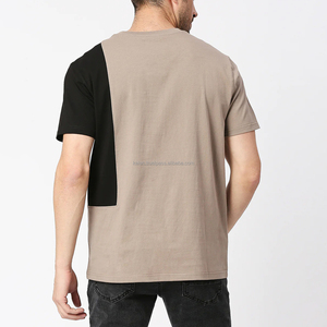 Men's Beige Black Color Blocked Short Sleeve O-Neck Cotton T-<b>Shirt</b> Cartoon Pattern <b>Patchwork</b> Design Oversized Fit Street Style - Product Image 4