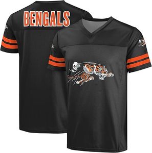 T-shirt noir à col en V des Bengals avec rayures orange et broderie de mascotte de tigre, vêtements de sport - Product Image 1