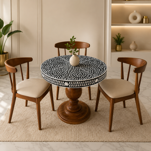 Table basse ronde en bois avec incrustations de os, faite à la main, table à manger moderne 4 places pour salon, sur mesure - Product Image 3