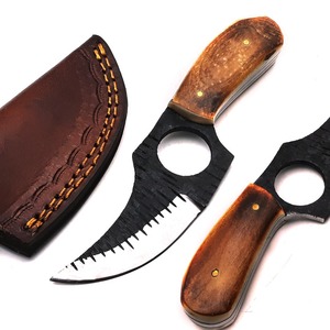 Cuchillo de caza con hoja de acero de alto carbono de punta recta dentada, mango de acero, funda de hueso, OEM personalizado, 1 hoja incluida - Product Image 1