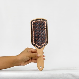 Wooden Hair Brush With <b>Leather</b> Inlay Geometric Pattern <b>Rivet</b> Detail Handle - Product Image 1