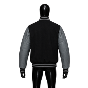 Chaqueta Varsity Negra y Gris para Hombre, Cuerpo de Lana, Mangas de Cuero Sintético, Cuello Camisero, Estilo Casual para Otoño - Product Image 2
