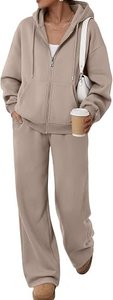 Ensemble sweat-shirt à capuche oversize beige en molleton de coton avec fermeture éclair et pantalon de jogging décontracté de couleur unie, coupe unisexe pour l'automne - Product Image 5