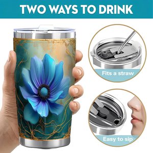 Stainless Steel Tumbler 20oz Double Wall Insulated Cup With Blue Flower Design For <b>Coffee</b> Tea Travel - Product Image 5