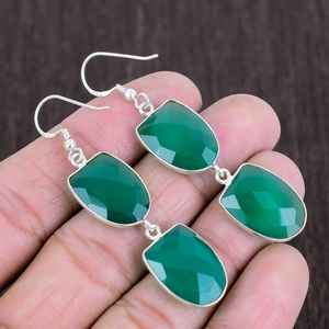 Boucles d'oreilles pendantes en onyx vert facetté, argent sterling 925, bijoux bohèmes faits à la main, pierre précieuse unique, cadeau pour femme - Product Image 3