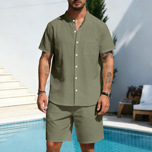 Ensemble de chemises décontractées pour hommes, couleur olive unie, manches courtes, boutonnées, respirantes, en coton tissé, tenue d'été - Product Image 1