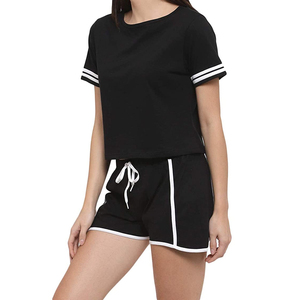 Women's Black <b>2</b>-<b>Piece</b> Sporty <b>Set</b> Short Sleeve Crop Top With <b>White</b> Trim High Waisted Shorts Solid Knitted Breathable Spring - Product Image 1