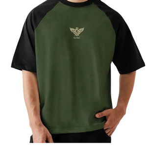 Camiseta Raglán para Hombre, Manga Corta, Cuello Redondo, Color en Contraste, Tejido Ecológico, Estilo Urbano, 100% Algodón, Verde Oliva, Negro, Dos Piezas, 220g - Product Image 1