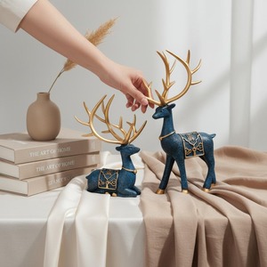 Blue Resin Reindeer Figurines Set of 2 Gold Antlers Contemporary Animal Decor Tabletop Ornament for Living Room <b>Christmas</b> - Product Image 5