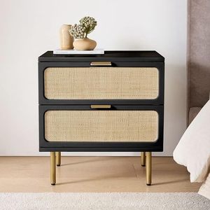 Lisbon <b>Bedside</b>, Multipurpose for Living and Bed Room, Black Matt Finish with Natural Cane - Product Image 1